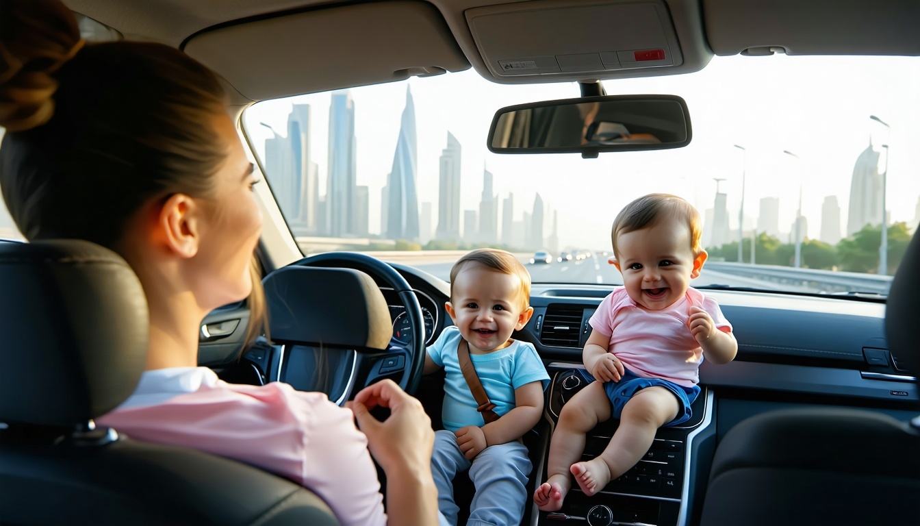 Happy family travelling in a car on Dubai roads