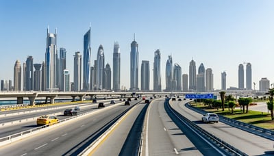 Modern Dubai skyline with toll road and travel vehicles